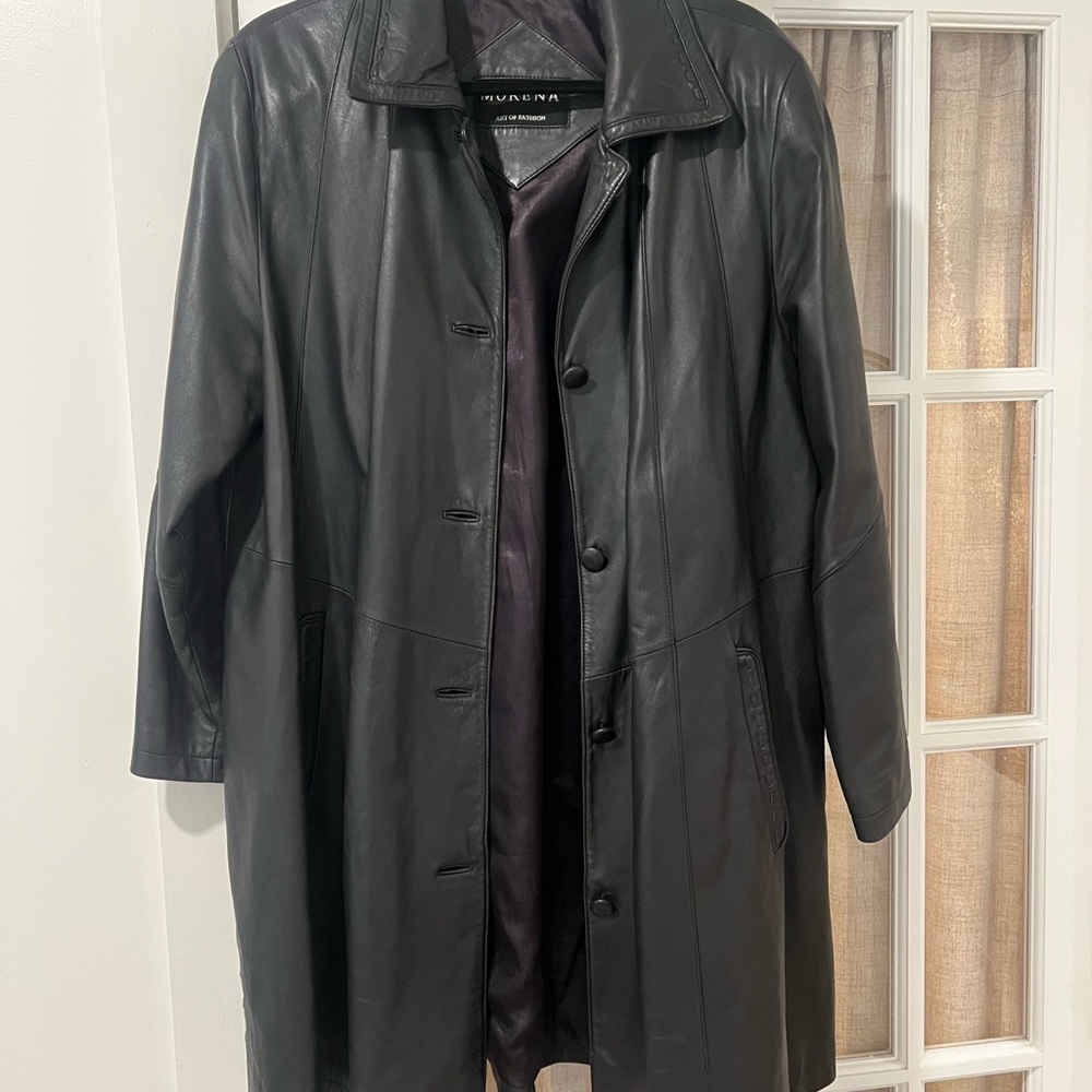 Morena Genuine Leather Trench Coat Women’s Large Black Longline Button Jacket